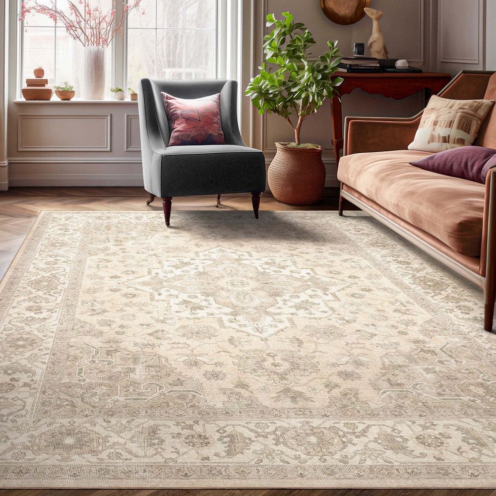 Apollo Cedar Medallion Oriental, Beige Green 5 ft. 3 in. x 7 ft. 3 in., Area Rug - Hercitys