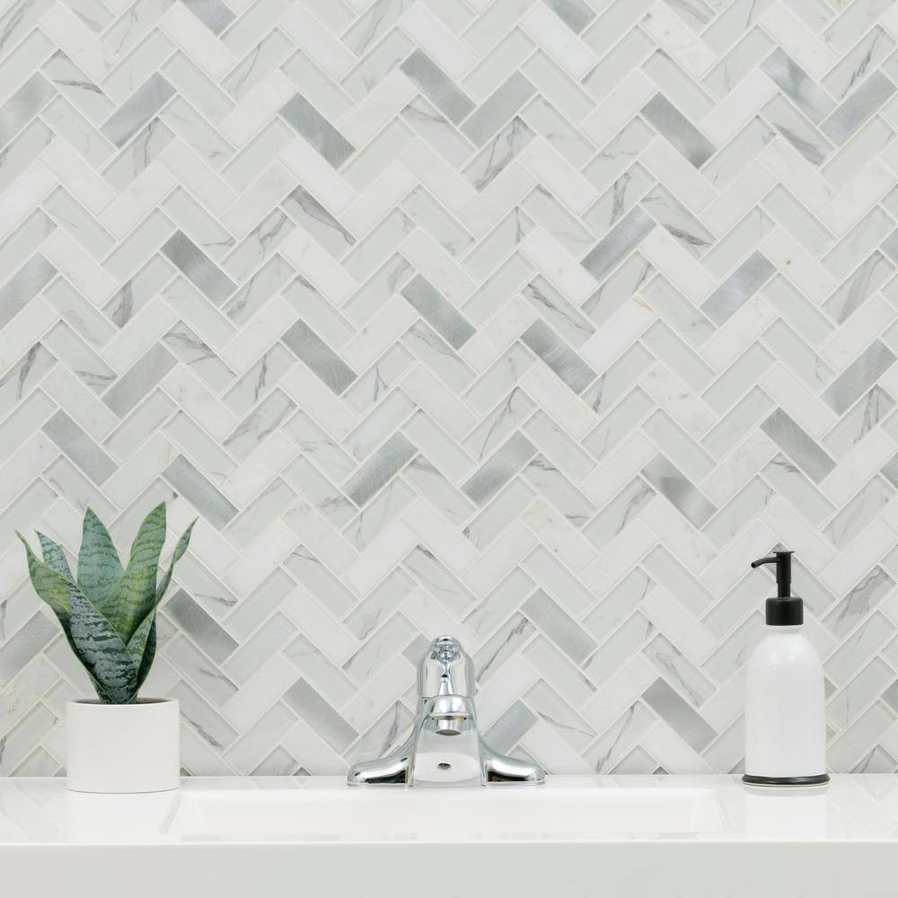 Bytle Bianco Herringbone 13 in. x 14 in. x 0.24 in. Glass Mesh-Mounted Mosaic Wall Tile (15 sq. ft./Case) - Hercitys