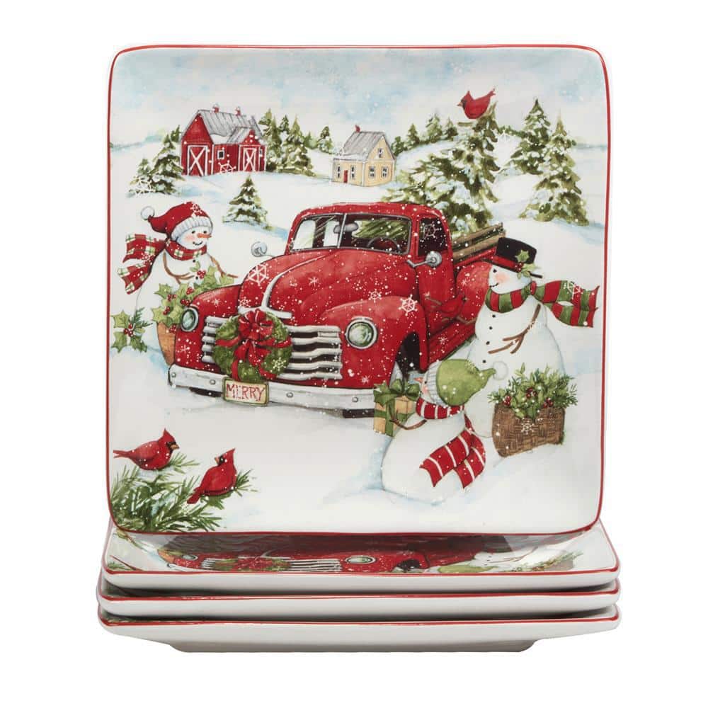 Red Truck Snowman Multi-Colored Dinner Plates Set of 4 - Hercitys