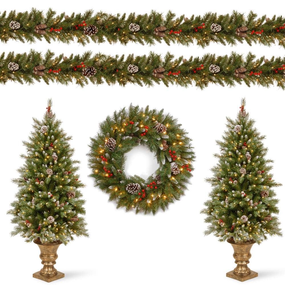Frosted Berry Assortment Two 4 ft. Entrance Trees with Clear Lights and 24 in. Wreath with Warm White Light - Hercitys