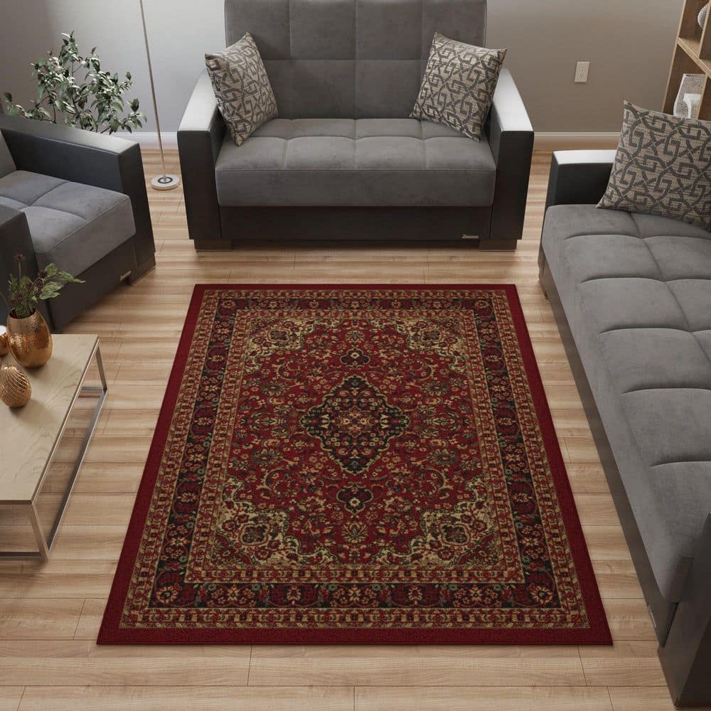 Basics Collection Non-Slip Rubberback Medallion Oriental Design 5×7 Indoor Area Rug, 5 ft. x 6 ft. 6 in., Red - Hercitys