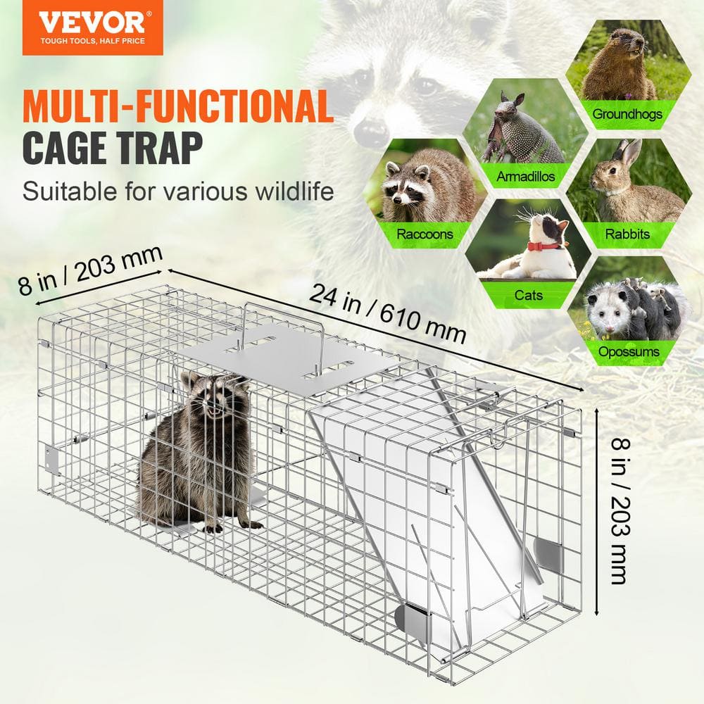 Live Animal Cage Trap 24 in. x 8 in. x 8 in. Humane Cat Trap Galvanized Iron Folding Animal Trap with Handle - Hercitys