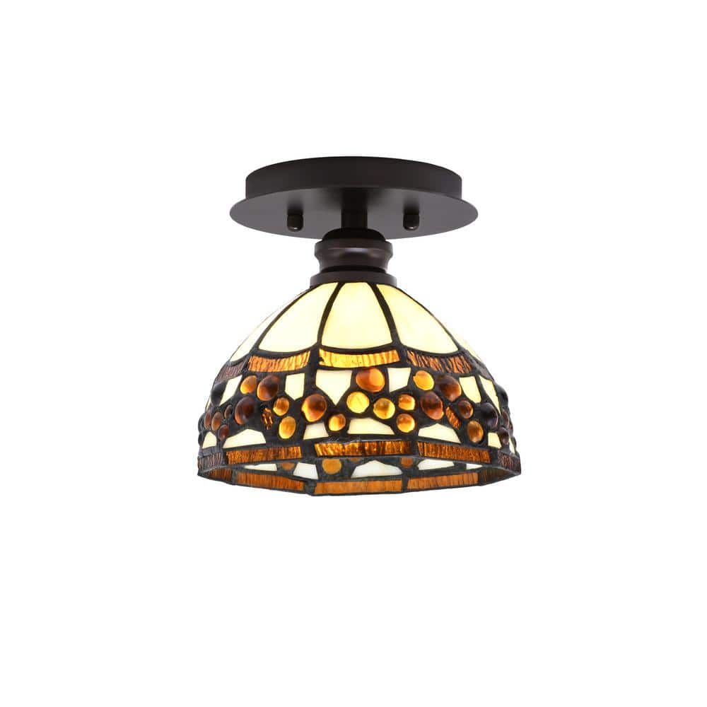Albany 1-Light 7 in. Espresso Semi-Flush with Roman Jewel Art Glass Shade - Hercitys