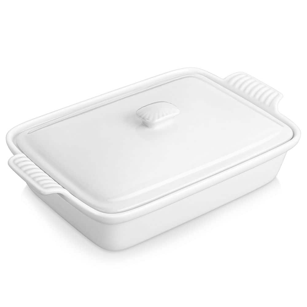 Porcelain 1-Piece Rectangular Baking Dish Set with Lid White Lasagna Casserole Bakeware - Hercitys