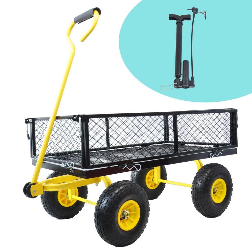 Black and Yellow 3.6 cu. ft. Steel Garden Cart with Removable Sides and 180-Degree Rotating Handle - Hercitys