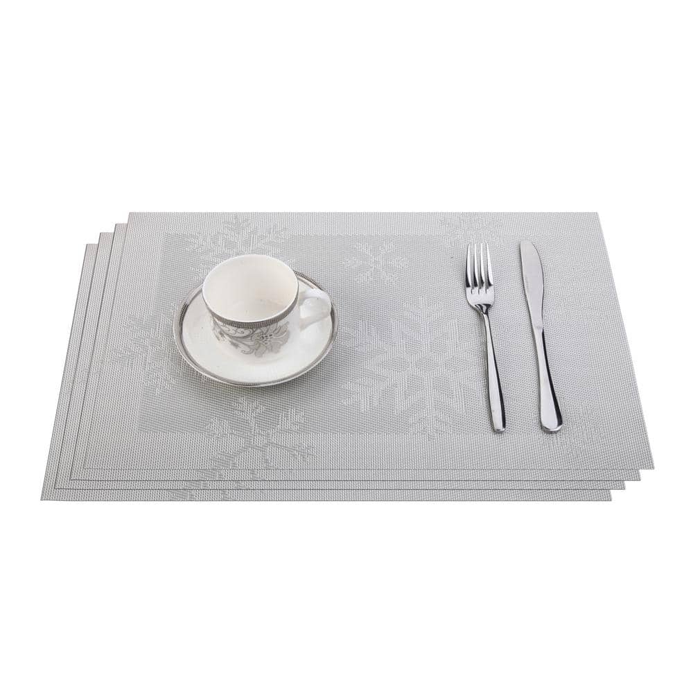 Silver Snowflakes Jacquard 12 in. x 18 in. PVC Fiber Woven Non-Slip Washable Placemat (Set of 4) - Hercitys