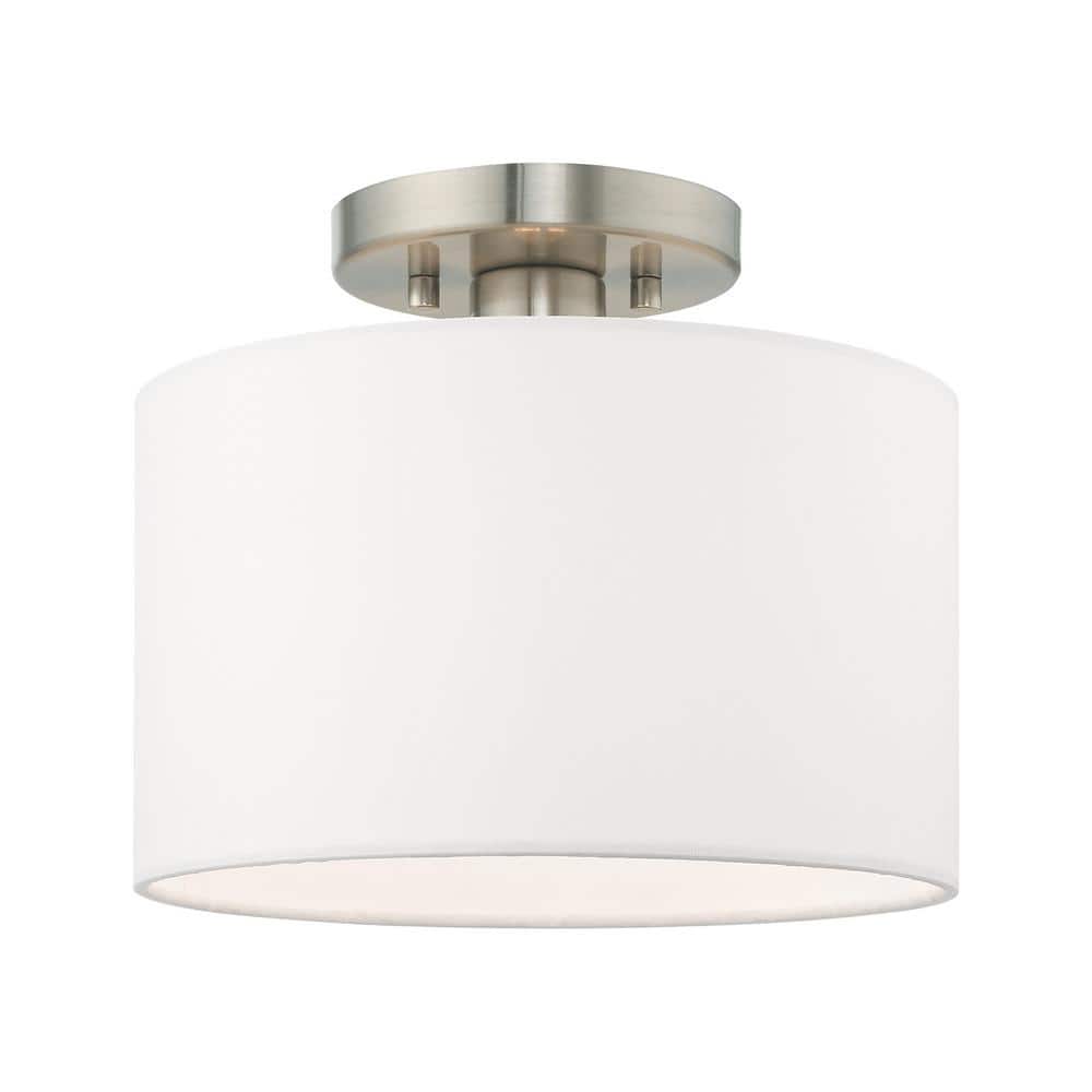 Mercury 10 in. 1-Light Brushed Nickel Semi Flush Mount with Off-White Fabric Shade - Hercitys