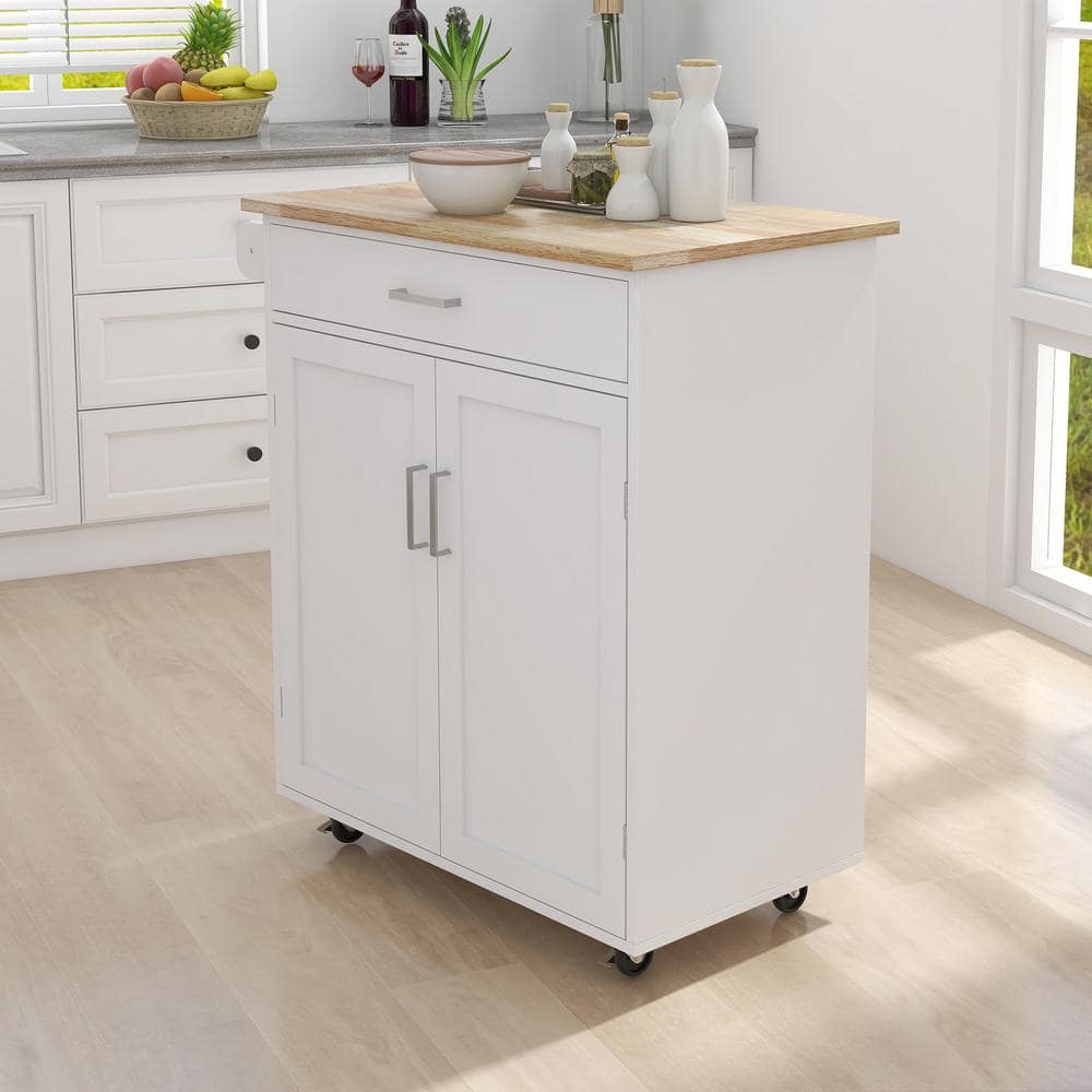 White Wood 32.8 in. Kitchen Island Rolling Trolley Cart with Towel Rack Rubber Wood Table Top - Hercitys