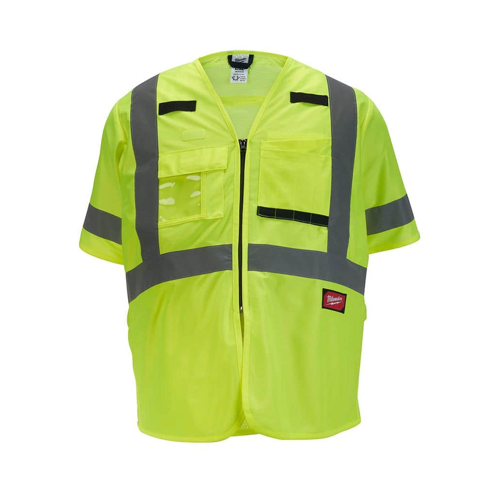 Large/X-Large Yellow Class 3 High Visibility Safety Vest with 10-Pockets and Sleeves - Hercitys