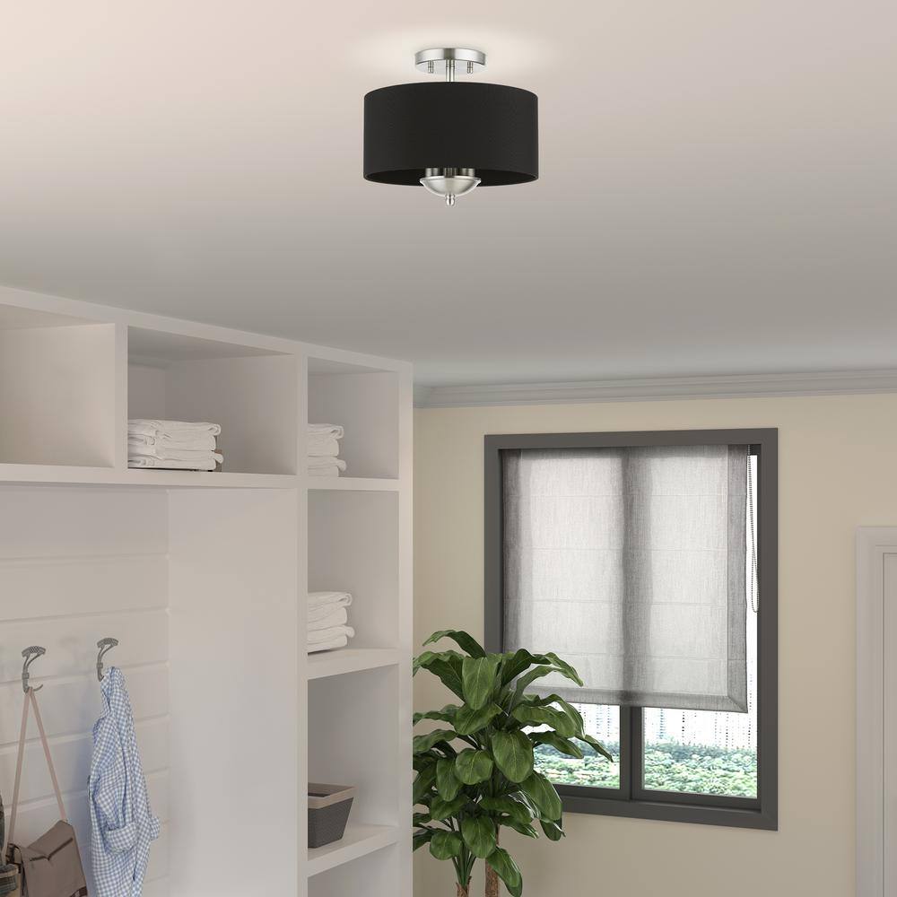 Wynbrook 12 in. 3-Lights Brushed Nickel Semi Flush Mount with Black Fabric Shade - Hercitys