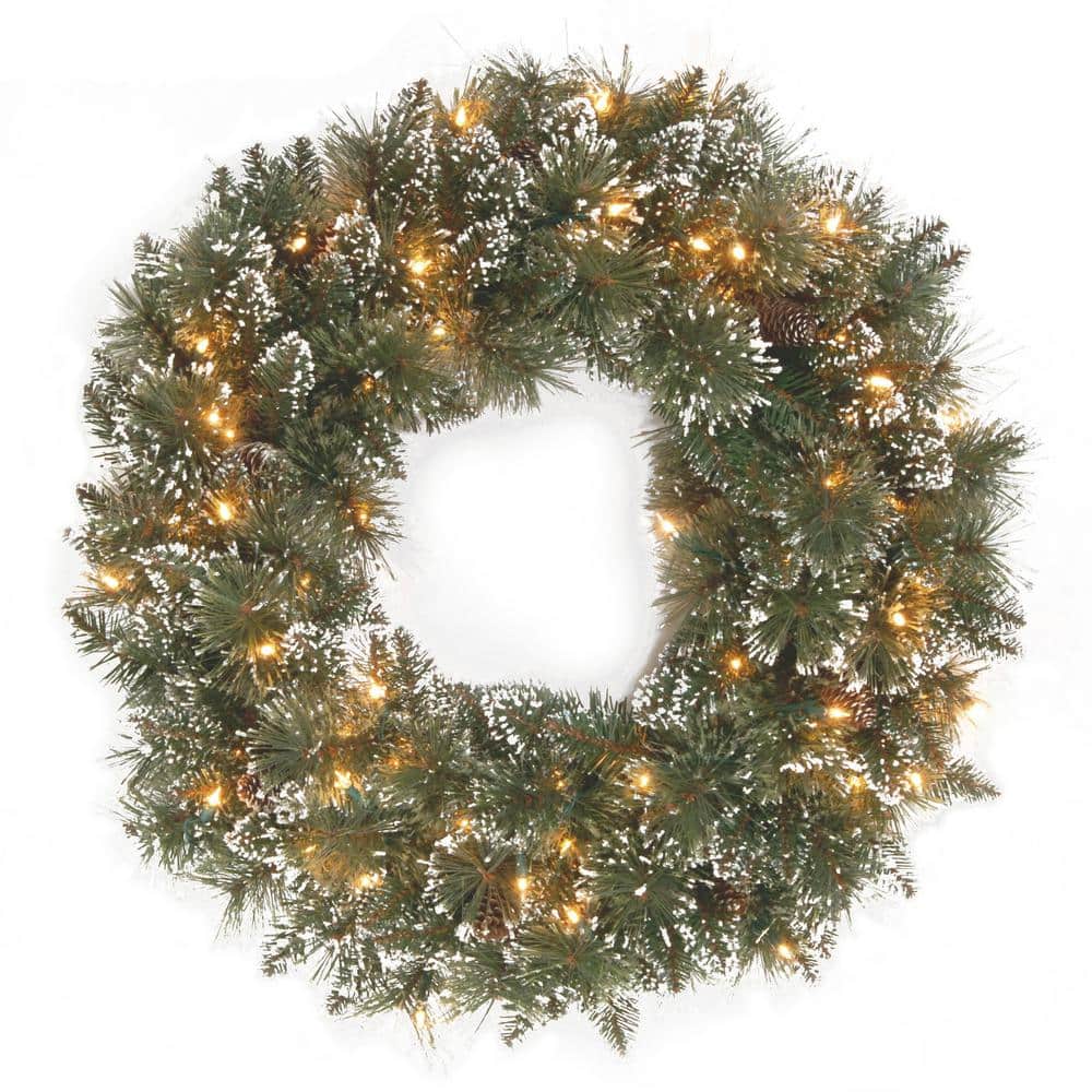 Glittery Bristle Pine 24 in. Artificial Wreath with Clear Lights - Hercitys