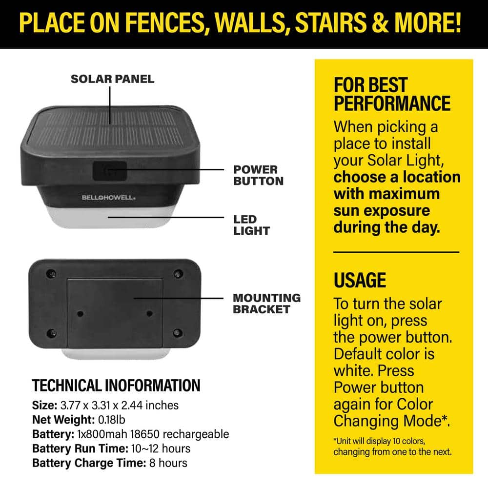 Solar Powered Fence Lights 0.2-Watt Equivalent Integrated LED Black Outdoor Path Light Wall Pack Light (4-Pack) - Hercitys