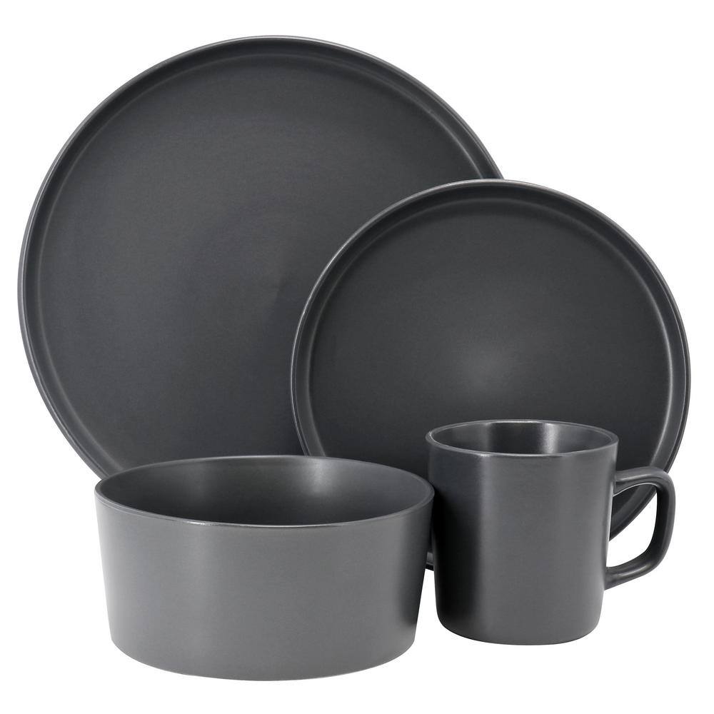 Lux Matte 16-Piece Matte Dark Gray Stoneware Dinnerware Set, Service for 4 - Hercitys