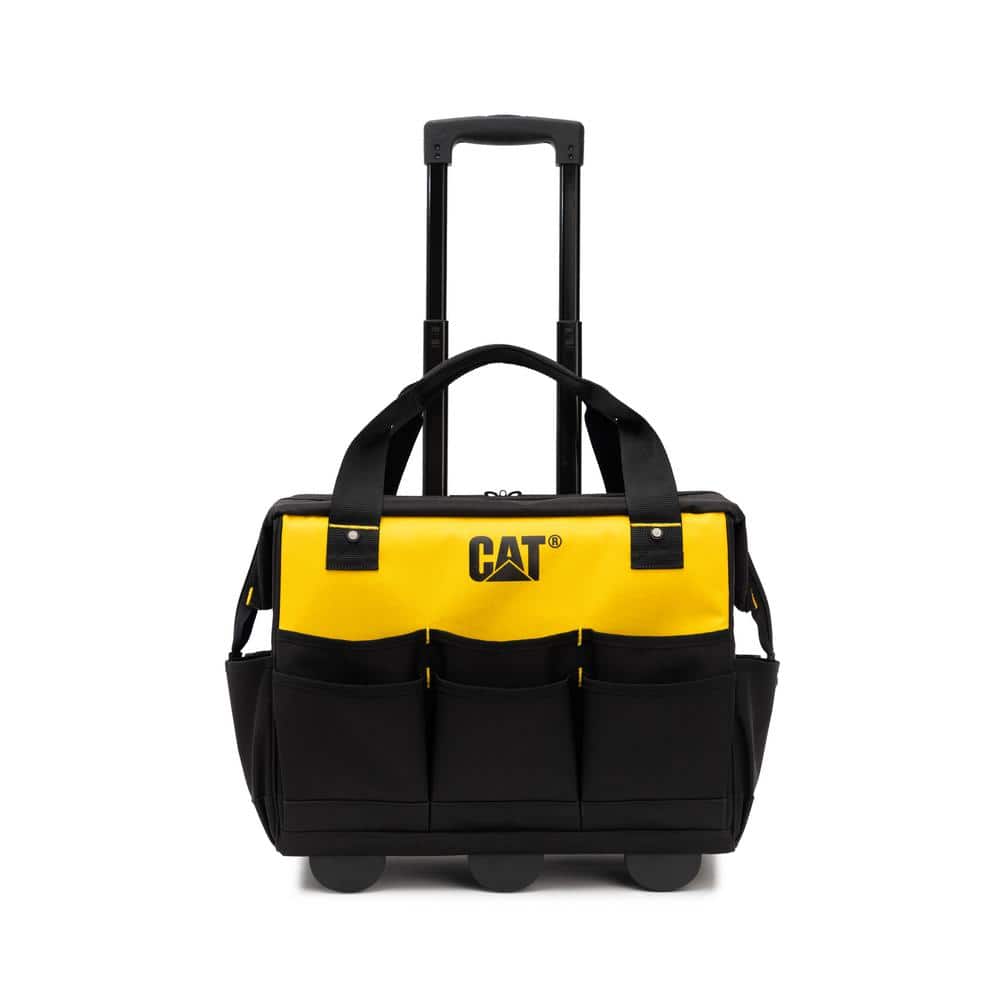 Tool storage, 18 in., 16 pockets, Black and yellow, 600-D Polyester, Rolling tote bag , Heavy duty trolley and wheels - Hercitys