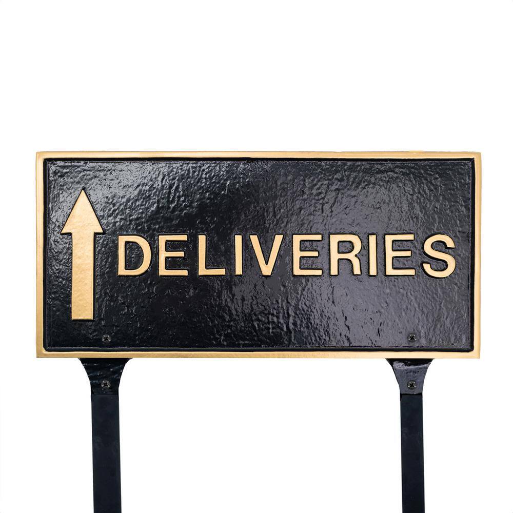7.25 in. x 15.25 in. Deliveries with Up Arrow Standard Rectangle Statement Plaque with Lawn Stakes – Black/Gold - Hercitys