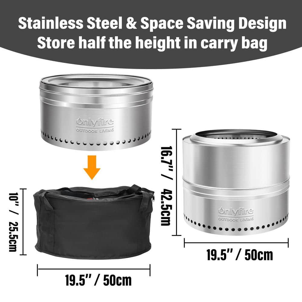 Smokeless Fire Pit with Carry Bag, 17 in. H Round 360-Degree Air Flow Wood-Burning Fireplace in Stainless - Hercitys