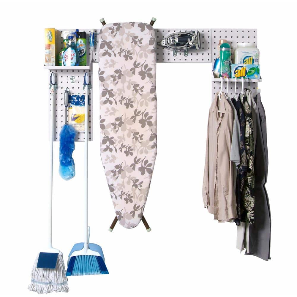 White Laundry Room Organizer Kit with 3-Steel Square Hole Pegboards, 2-Steel Shelves and 9-Piece LocHook Assortment - Hercitys