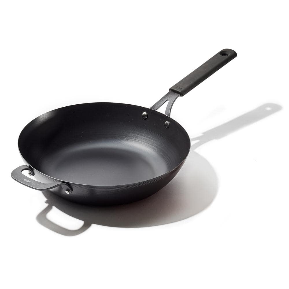 Obsidian 12 in. Pre-Seasoned Carbon Steel Induction Safe Wok with Silicone Sleeve and Helper Handle in Black - Hercitys
