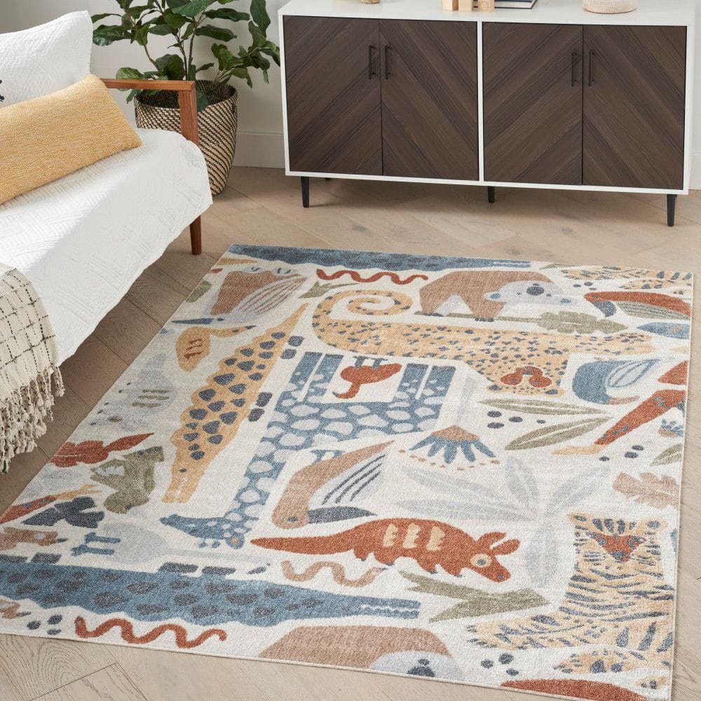 Astra Machine Washable Ivory 5 ft. x 7 ft. Animal Print Contemporary Area Rug - Hercitys