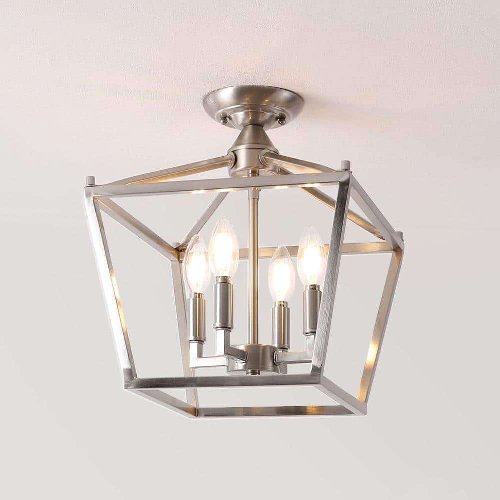 Plains Mini Lantern 12 in. 4-Light Iron Modern Farmhouse LED Flush Mount, Nickel - Hercitys