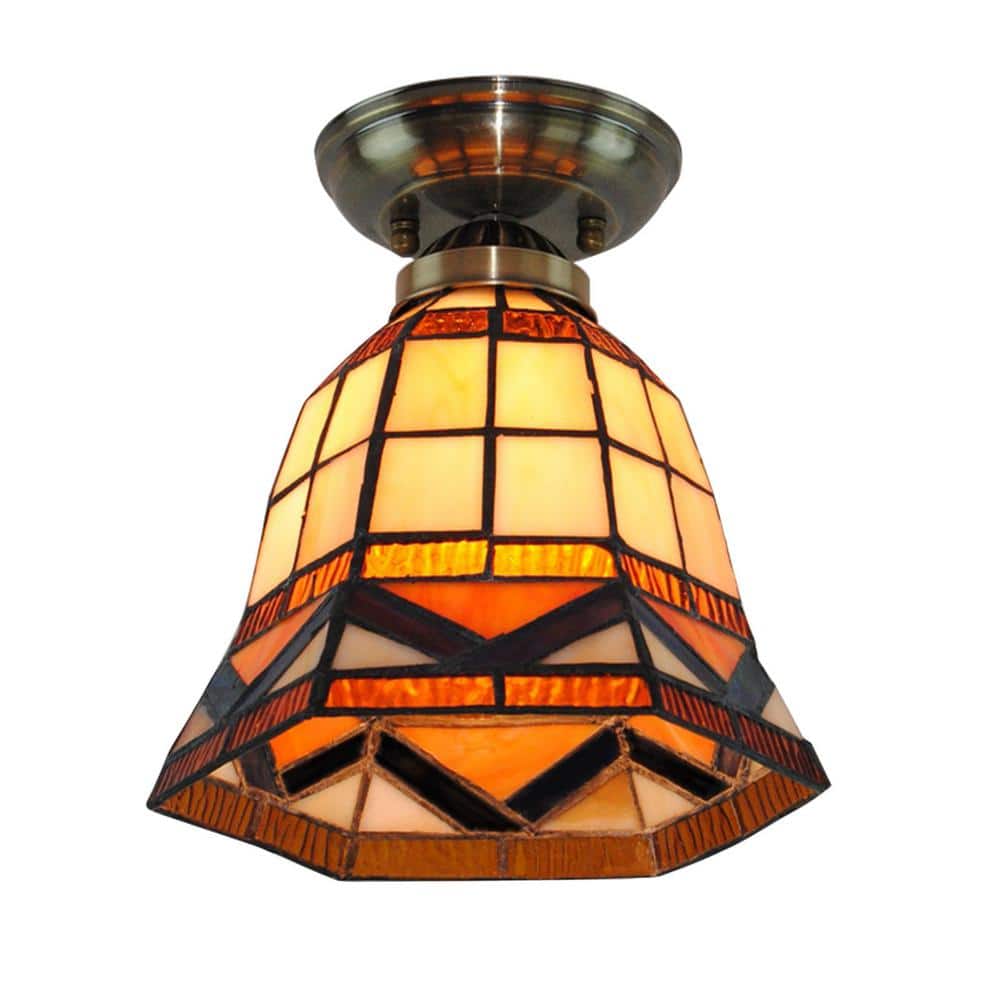 7.87 in. 1-Light Vintage Stained Glass Shade Flush Mount Ceiling Light for Bedroom Entry Hallway - Hercitys