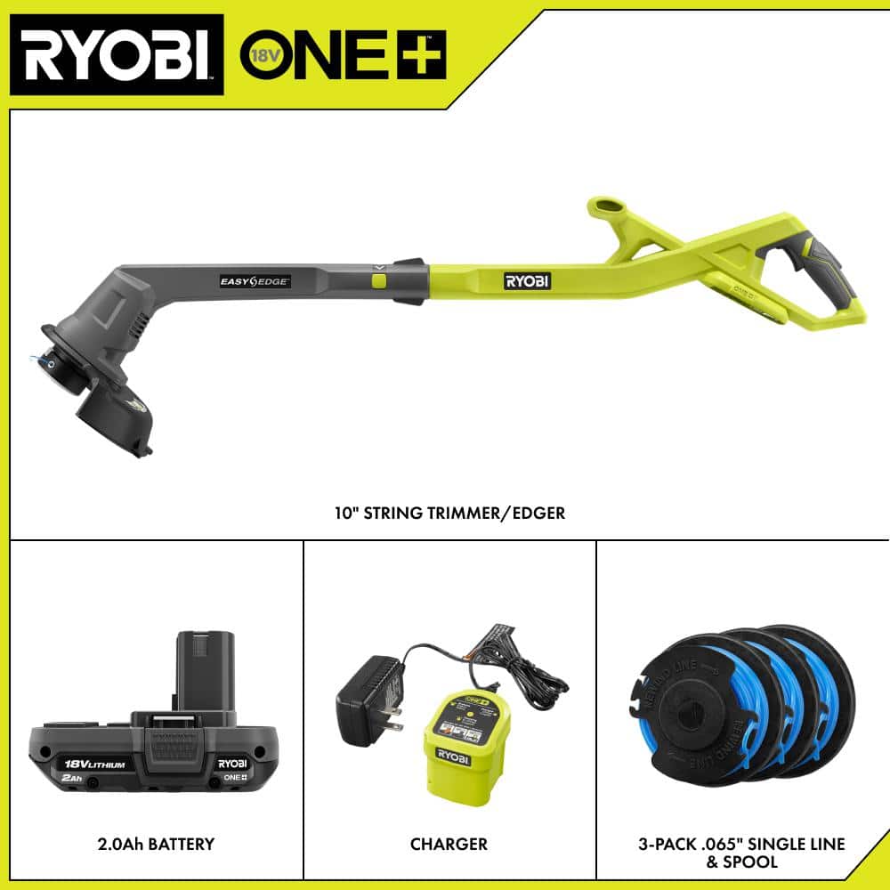 ONE+ 18V 10 in. Cordless Battery String Trimmer/Edger 2.0 Ah Battery and Charger kit with ONE+ 0.065 Spool (3-Pack) - Hercitys