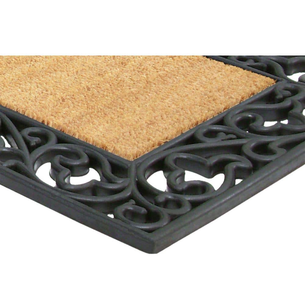 Heavy Duty Brown 22 in. x 36 in. Rubber Coir Acanthus Monogrammed M Indoor Outdoor Door Mat - Hercitys