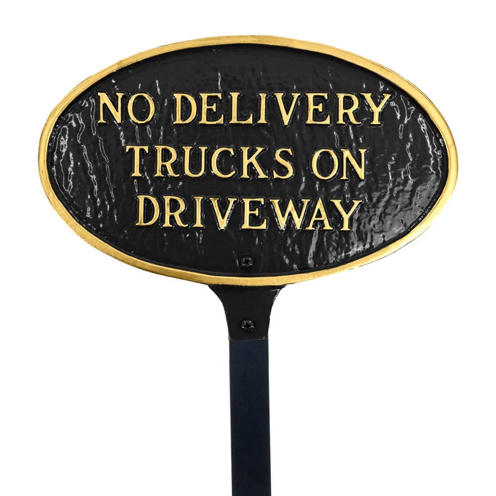 No Delivery Trucks on Driveway Small Oval Statement Plaque with 17.5 in. Lawn Stake-White/Black - Hercitys