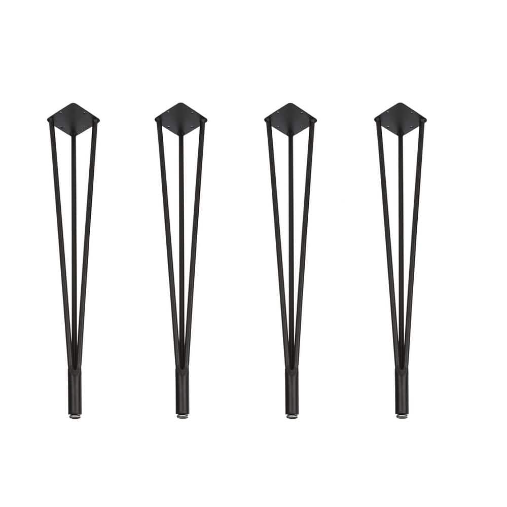 Kingsman 28-3/8 in. Matte Black Solid Steel Metal 3 Rods Hairpin Table Leg with Adjustable Base (4-Pack) - Hercitys