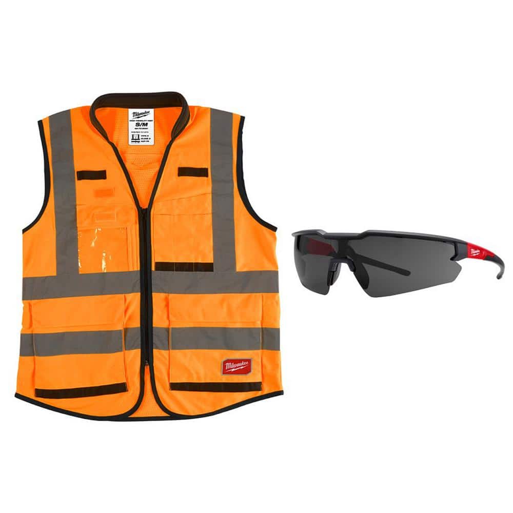 Premium Large/X-Large Orange Class 2-High Visibility Safety Vest with 15 Pockets and Clear Anti Scratch Safety Glasses - Hercitys