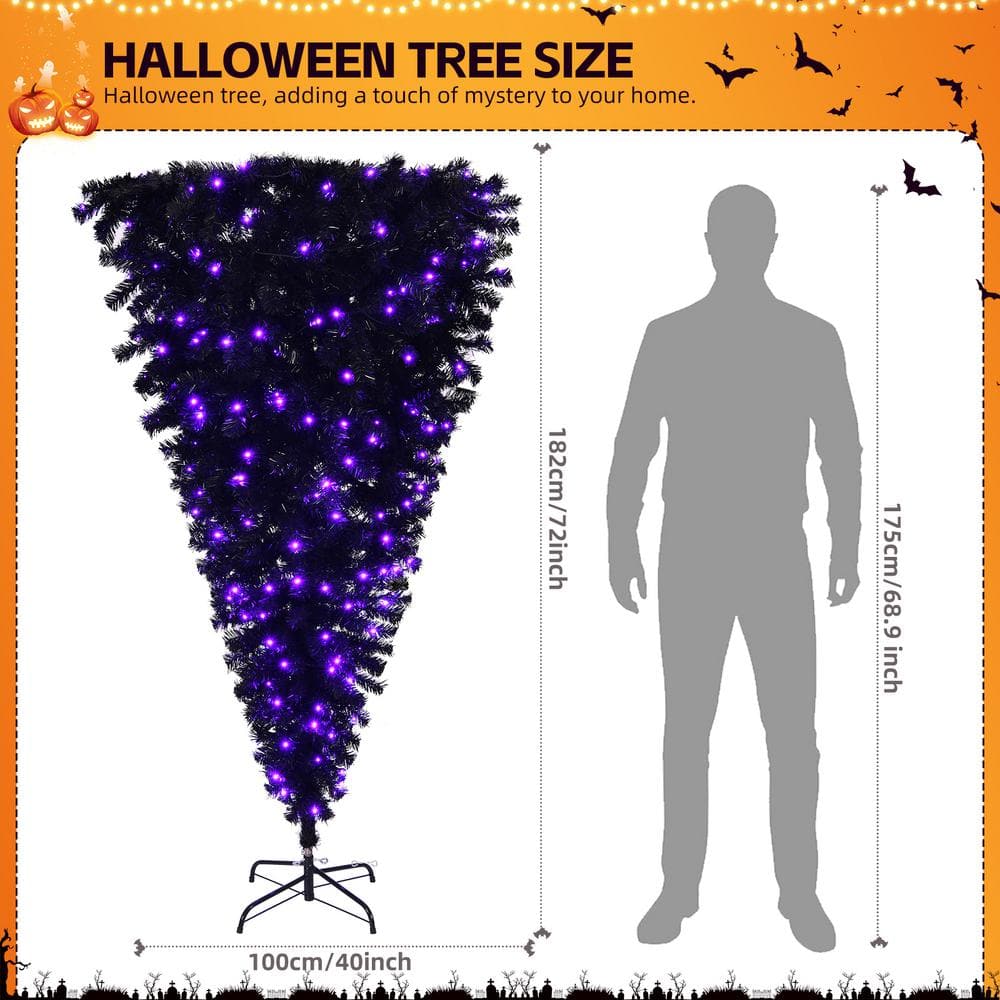 6 ft. Pre-Lit Upside Down Artificial Christmas Tree with 250 LED Lights and Pumpkin, Skull Ornaments - Hercitys