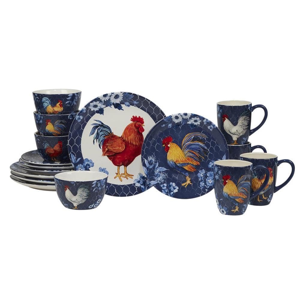 Indigo Rooster 16-Piece Earthenware Dinnerware Set (Service Set for 4) - Hercitys