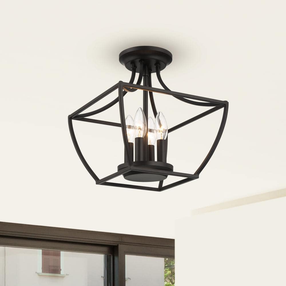 Wethersfield 11 in. 4-Light Matte Black Square Cage Semi-Flush Mount Ceiling Light - Hercitys