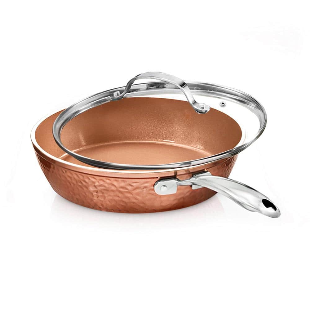 Hammered Copper 12 in. Aluminum Non-Stick Fry Pan with Glass Lid - Hercitys
