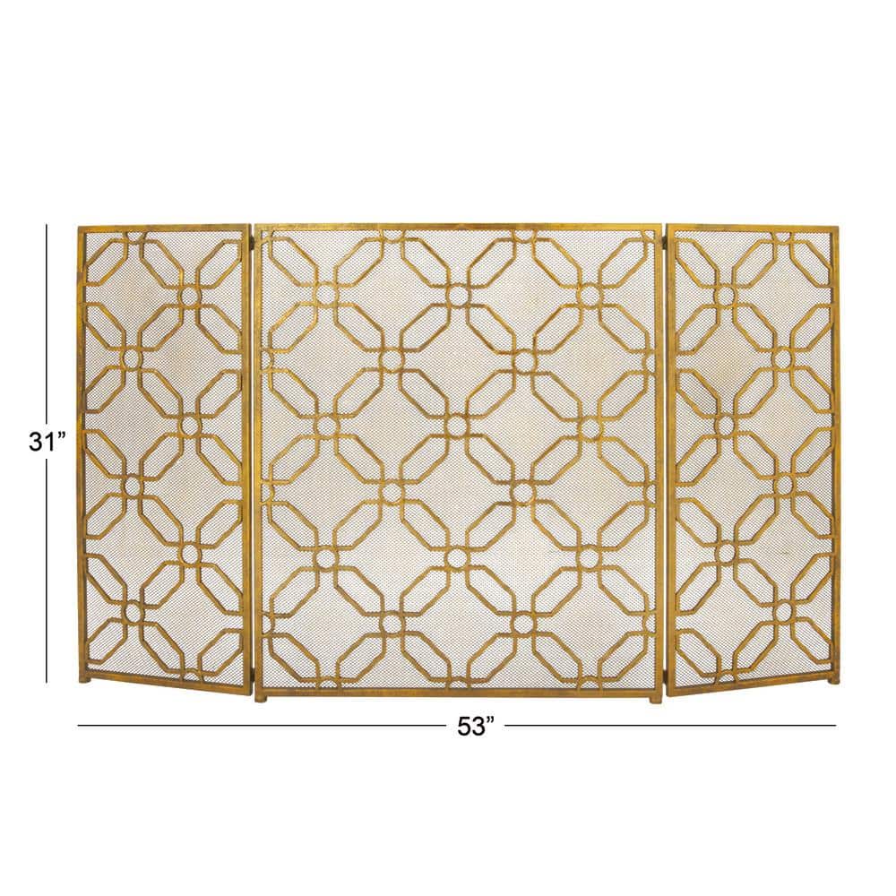 Gold Metal Geometric Foldable Mesh Netting 3 Panel Fireplace Screen - Hercitys