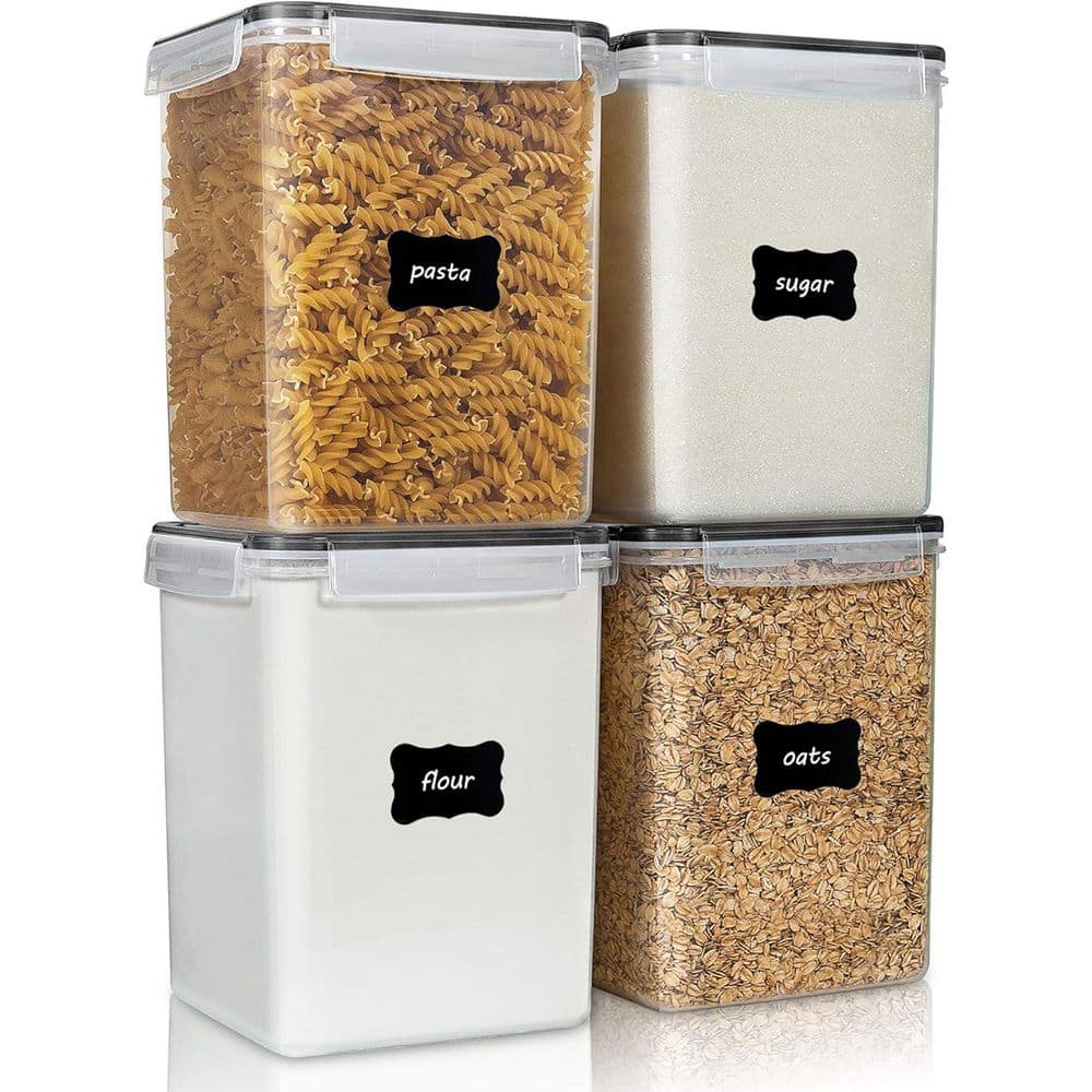 Large Food Storage Containers Set 4 Pieces Airtight BPA Free Plastic with Lids for Flour Sugar Rice 24 Labels - Hercitys