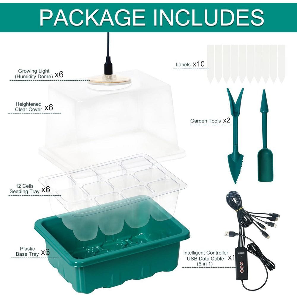 6-Set Seed Starter Tray Kit with Grow Lights and Adjustable Humidity Domes for Enhanced Plant Growth - Hercitys