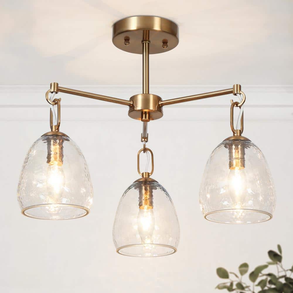 Modern 19.3 in. 3-Light Plated Brass Semi-Flush Mount with Bell Glass Shades - Hercitys