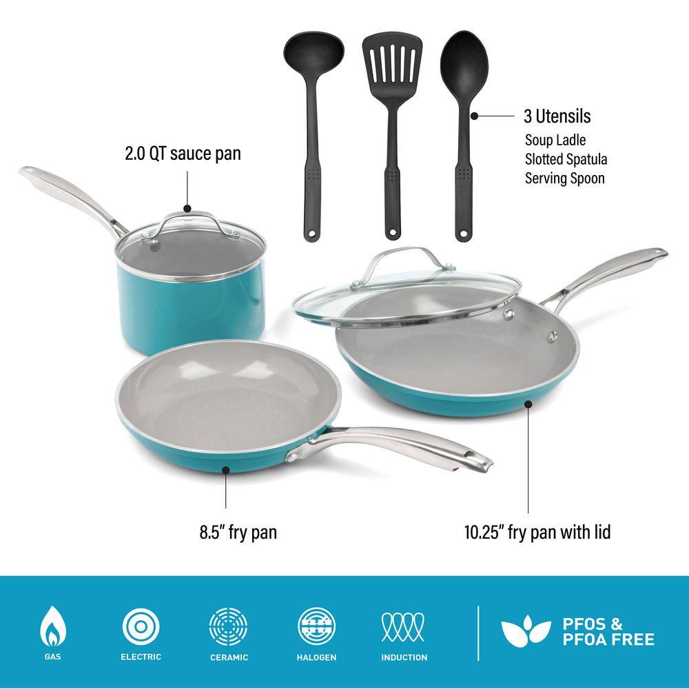 8-Piece Aluminum Ceramic Coating Nonstick Cookware Set in Aqua Blue - Hercitys