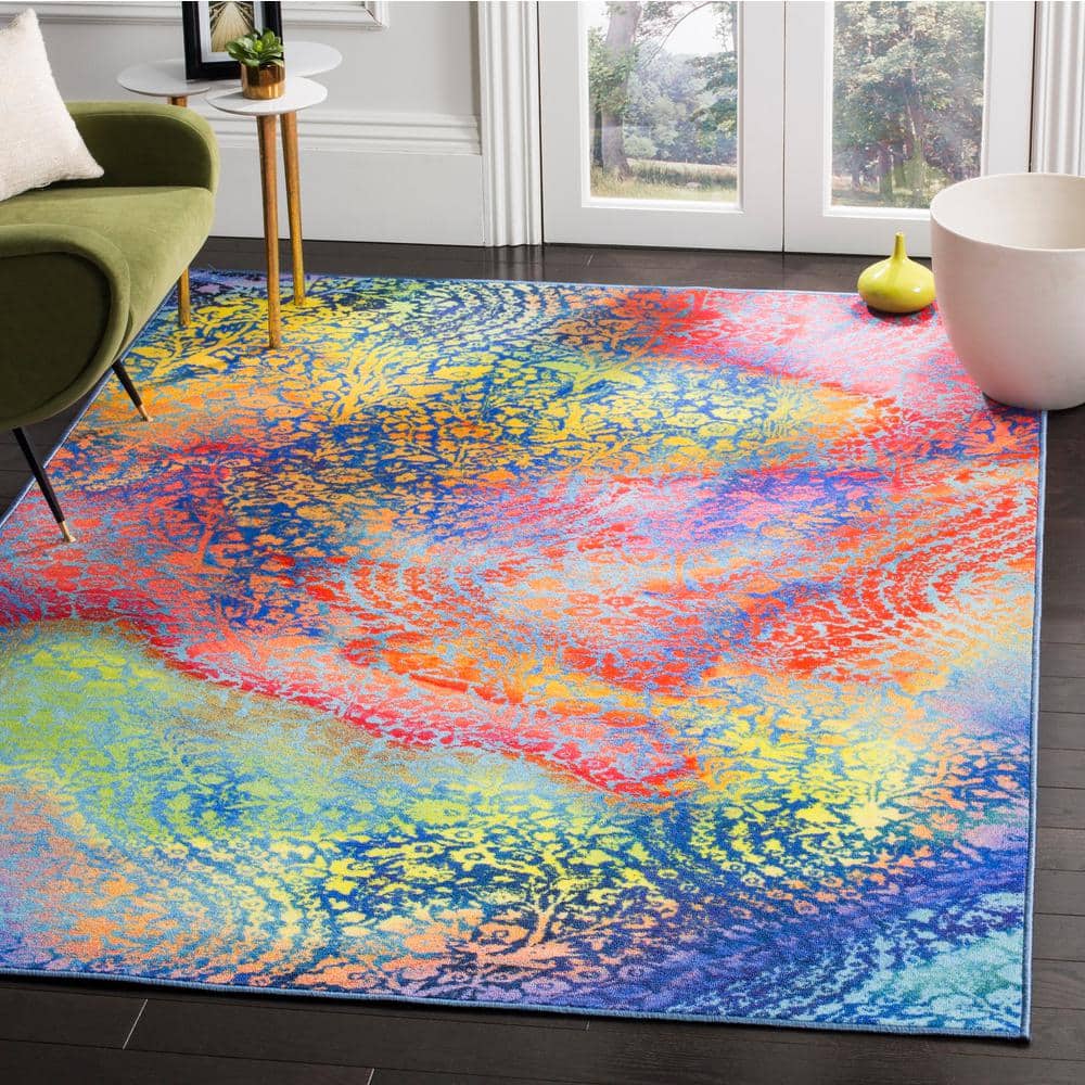 Paint Brush Blue/Coral 9 ft. x 12 ft. Machine Washable Abstract Area Rug - Hercitys