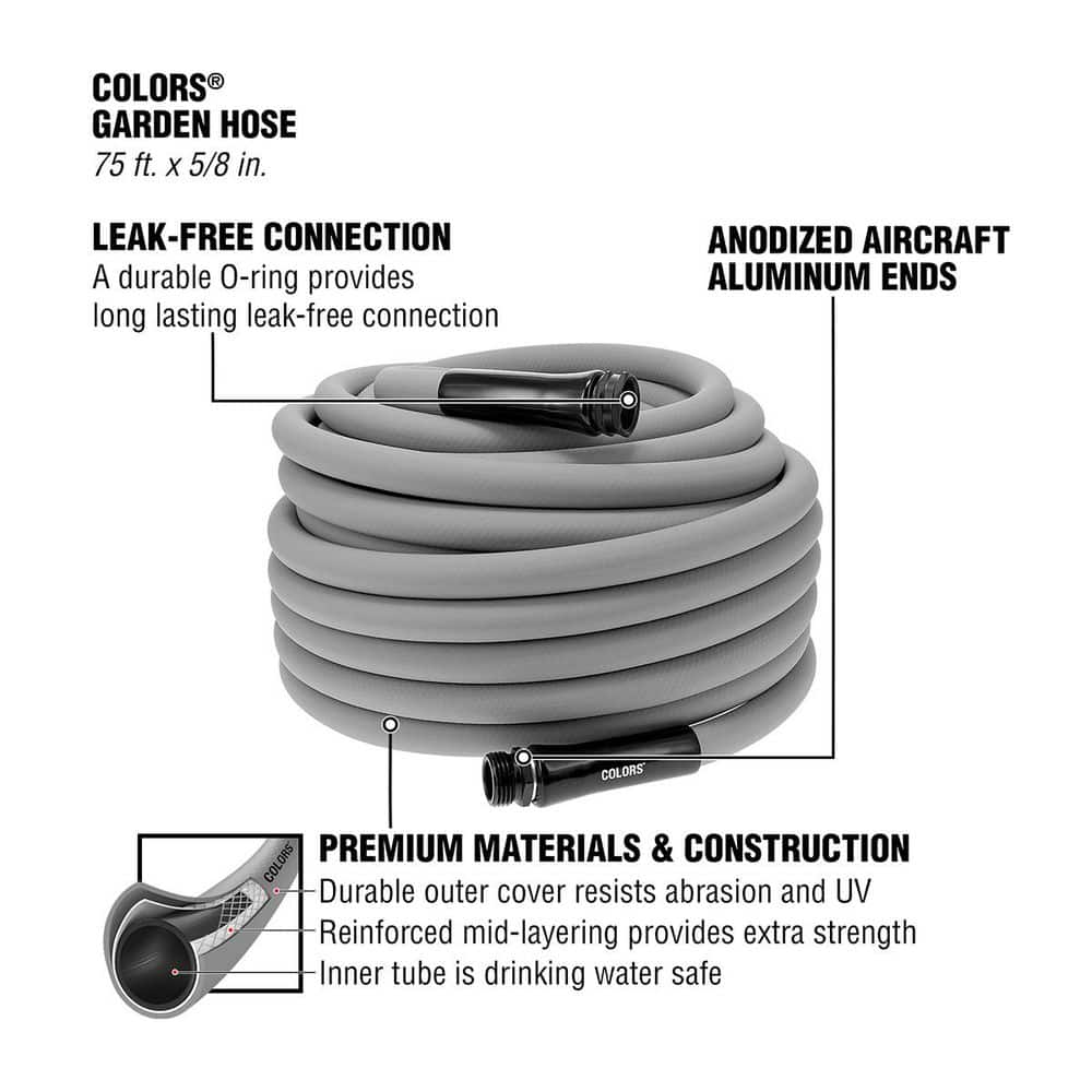 Colors Series 5/8 in. x 75 ft. 3/4 in. 11-1/2 GHT Fittings Garden Hose with Standard Grip in Slate Gray - Hercitys