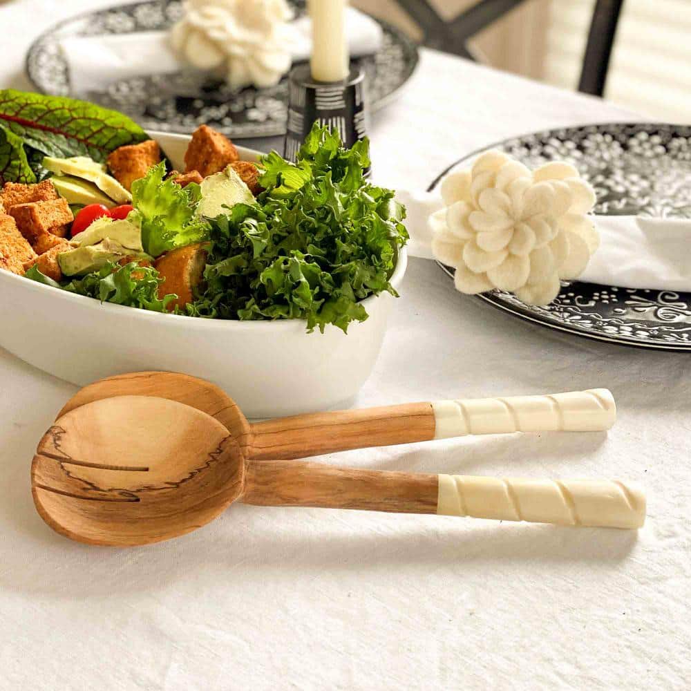 Olive Wood Salad Servers with Rounded Bone Handles - Hercitys