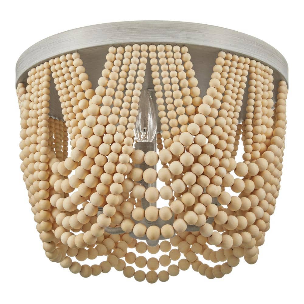 Harlan 15 in. 3-Light Brushed Grey Flush Mount with Natural Real Wood Beads - Hercitys