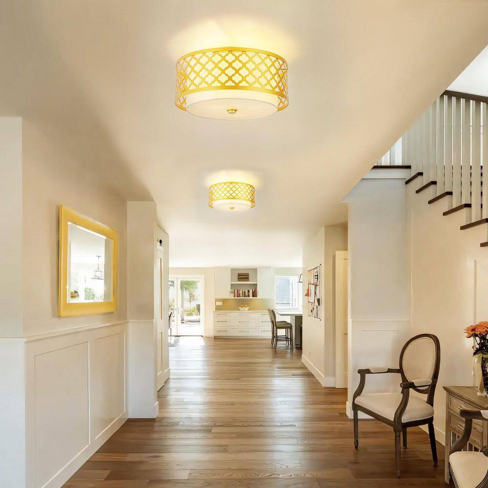 Shauna 17.7 in. 3-light Modern Gold Cylinder Drum Fabric Semi-Flush Mount Light - Hercitys