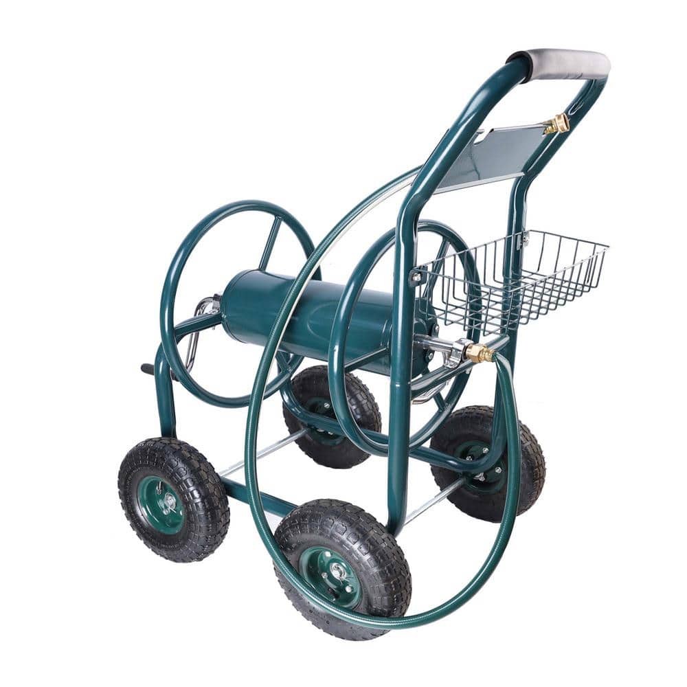 Garden Hose Reel Cart, Heavy-Duty Hose Rack, 4-Wheeled Portable Cart with Storage Basket, Green - Hercitys