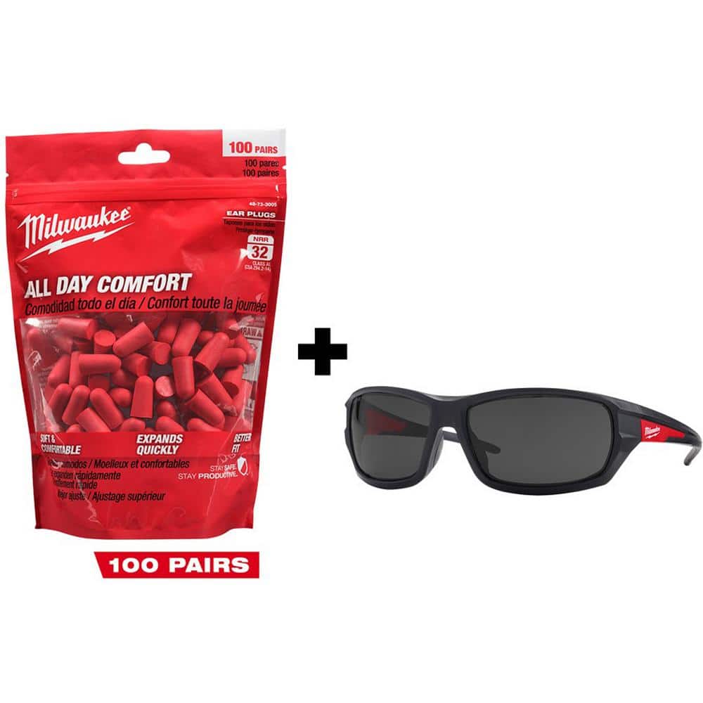 Red Disposable Earplugs (100-Pack) and Performance Safety Glasses with Tinted Fog-Free Lenses - Hercitys