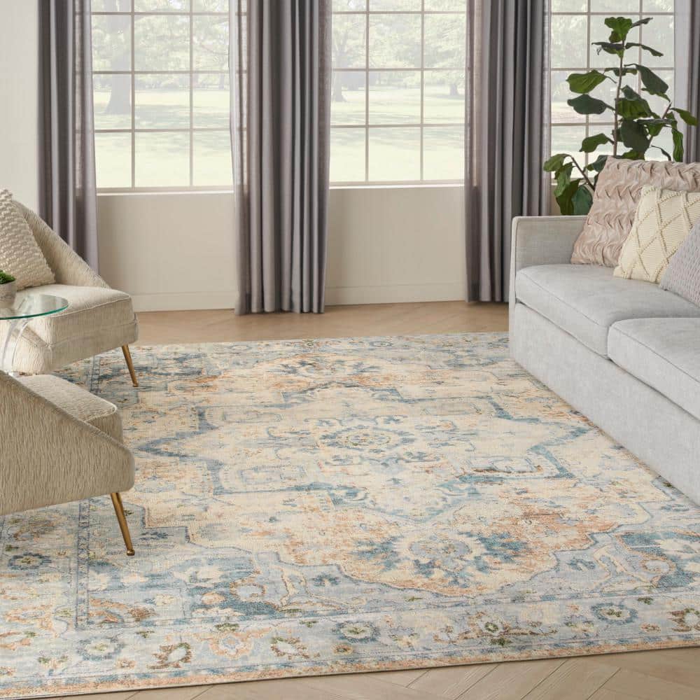 Astra Machine Washable Beige Blue 9 ft. x 12 ft. Center medallion Traditional Area Rug - Hercitys