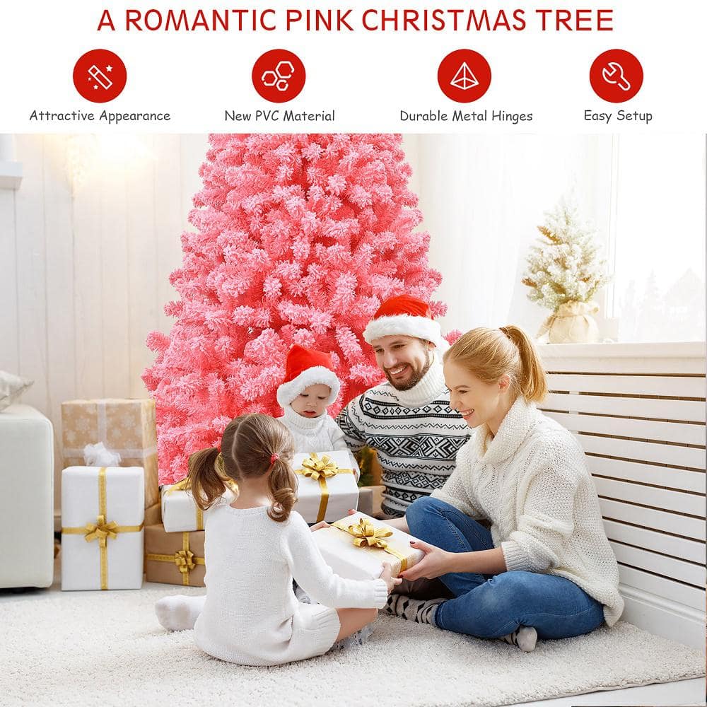 7.5 ft. Pink Snow Flocked Hinged Artificial Christmas Tree with Metal Stand - Hercitys