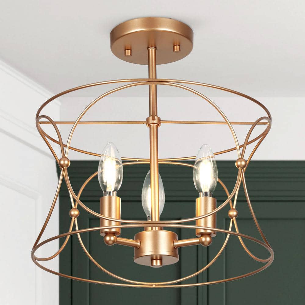 Mid-Century Drum Bedroom Ceiling Light 3-Light Coastal Brass Gold Cage Semi-Flush Mount Light for Breakfast Nook - Hercitys