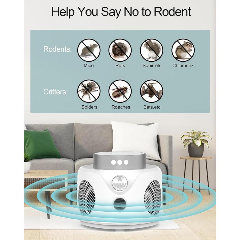 Electronic Ultrasonic Rodent Indoor Insect Pests Mouse Repellent Control with PIR and Flash Light for Rats, White - Hercitys